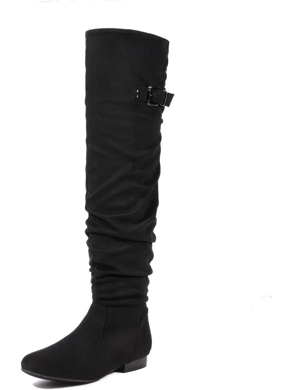 👢Women's Black Knee High Boots Fringes Buckle Straps Chunky Heel Square Toe